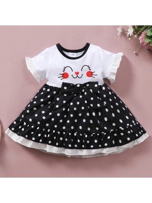 【0M-18M】Cute Cartoon And Polka Dot Print Round Neck Short Sleeve Dress