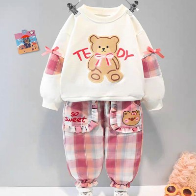 【12M-5Y】2-piece Girls Cute Bear And Letter Print Round Neck Long Sleeve Sweatshirt And Plaid Pants Set - 34423