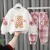 【12M-5Y】2-piece Girls Cute Bear And Letter Print Round Neck Long Sleeve Sweatshirt And Plaid Pants Set - 34423