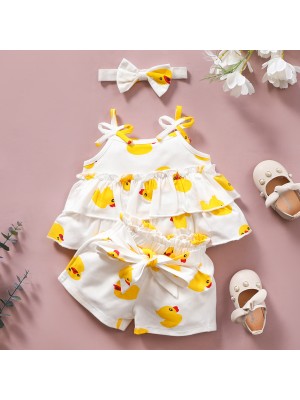 【0M-6Y】2-piece Girls Cute Cartoon Duck Top and Shorts Set - 3453