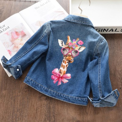 【18M-11Y】Girls Fashion Bow Giraffe Print Blue Denim Jacket - 3142