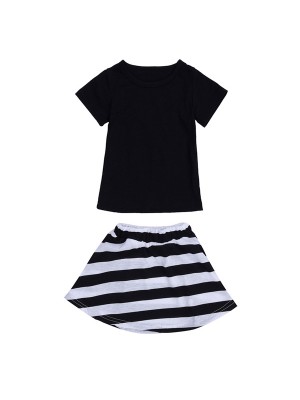 2015 Toddlers Kids Baby Girls Short Sleeve T  shirt Top Black White Stripe Skirt Dress