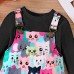 【18M-6Y】2-piece Girl Cute White Long Sleeve T-shirt And Colorful Cartoon Cat Print Suspender Dress Set - 34436