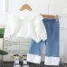 【12M-5Y】2-piece Girl White Heart-shaped Embroidered Doll Collar Long Sleeve Shirt And Colorblock Jeans Set - 34409