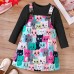 【18M-6Y】2-piece Girl Cute White Long Sleeve T-shirt And Colorful Cartoon Cat Print Suspender Dress Set - 34436