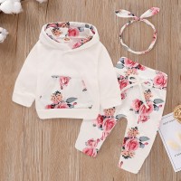 【9M-7Y】Girl 3-piece Floral Hooded Sweatshirt And Pants Set With Headband - 34166