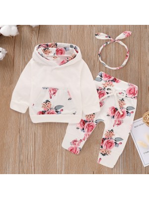 【9M-7Y】Girl 3-piece Floral Hooded Sweatshirt And Pants Set With Headband - 34166