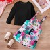 【18M-6Y】2-piece Girl Cute White Long Sleeve T-shirt And Colorful Cartoon Cat Print Suspender Dress Set - 34436