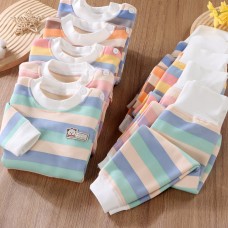 【9M-5Y】2-piece Unisex Keep Warm Colorful Stripe Print Long Sleeve Pajamas Set