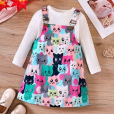 【18M-6Y】2-piece Girl Cute White Long Sleeve T-shirt And Colorful Cartoon Cat Print Suspender Dress Set - 34436