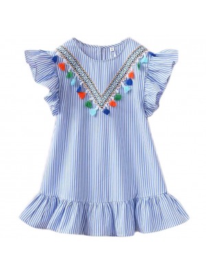 Cute Toddler Kids Baby Girl Summer Dress Ruffles V  neck Tassel Striped Princess Girls Party Dresses Sundress Clothes