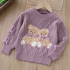 【18M-6Y】Girls Bear Embroidered Round Neck Long Sleeve Sweater - 31120