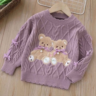 【18M-6Y】Girls Bear Embroidered Round Neck Long Sleeve Sweater - 31120