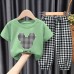 【18M-9Y】Unisex Kids Cartoon Print Short-sleeved T-shirt And Plaid Pants Set - 34359