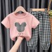 【18M-9Y】Unisex Kids Cartoon Print Short-sleeved T-shirt And Plaid Pants Set - 34359