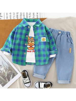 【9M-4Y】3-piece Boys Bear Print Long-sleeved T-shirt And Plaid Shirt And Jeans Set