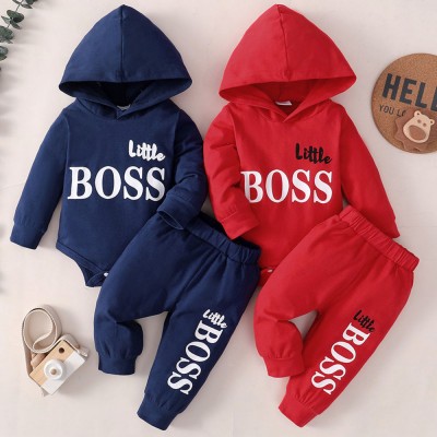 【0M-24M】2-piece Baby Boy Letter Print Long-sleeved Hooded Romper And Pants Set