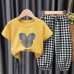 【18M-9Y】Unisex Kids Cartoon Print Short-sleeved T-shirt And Plaid Pants Set - 34359