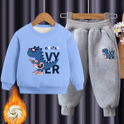 【18M-10Y】2-piece Boys Multicolor Thick Dinosaur Print Round Neck Sweatshirt And Pants Set