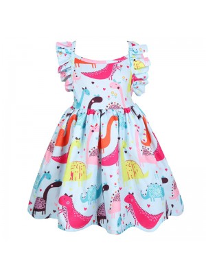 Summer Clothing Cartoon Dinosaur Printed Cotton Sleeveless Girls Dress