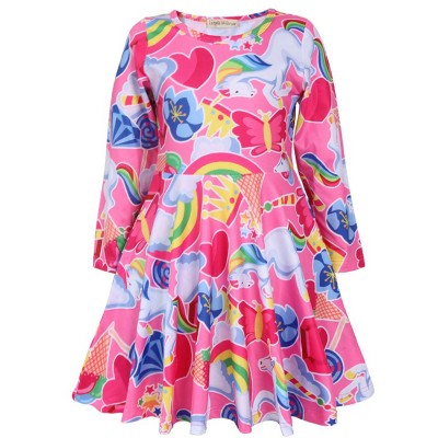 Kids Clothing Unicorn Printed Long Sleeve Casual Girls Pleated Dress