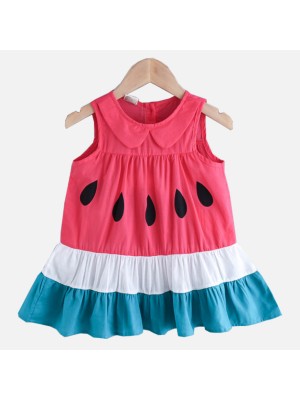 【18M-7Y】Girls Cute Contrast Stitching Doll Collar Sleeveless Dress - 3387