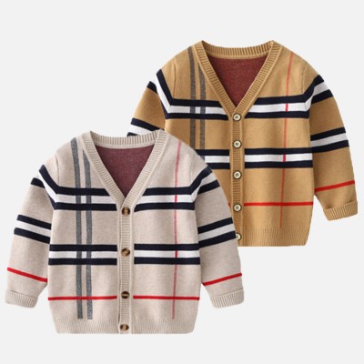 【2Y-9Y】Unisex Kids Plaid Long Sleeve Sweater Cardigan